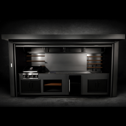 Grillandia Roll Cabana Pro Anthracite with Grandhall Premium G4 4-Burner Gas Grill, Beverage Cooler, Domino Cooktop, Sink, Granite Worktop, LED Lighting & Storage