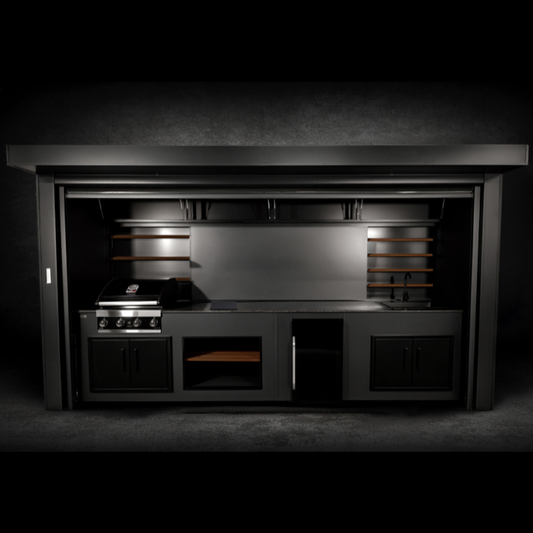 Grillandia Roll Cabana Pro Anthracite with Grandhall Premium G4 4-Burner Gas Grill, Beverage Cooler, Domino Cooktop, Sink, Granite Worktop, LED Lighting & Storage