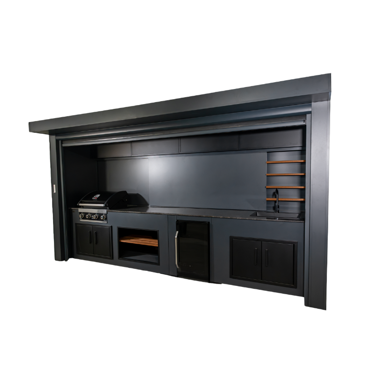 Grillandia Roll Cabana Pro Anthracite with Grandhall Premium G4 4-Burner Gas Grill, Beverage Cooler, Domino Cooktop, Sink, Granite Worktop, LED Lighting & Storage