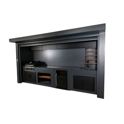 Grillandia Roll Cabana Pro Anthracite with Grandhall Premium G4 4-Burner Gas Grill, Beverage Cooler, Domino Cooktop, Sink, Granite Worktop, LED Lighting & Storage