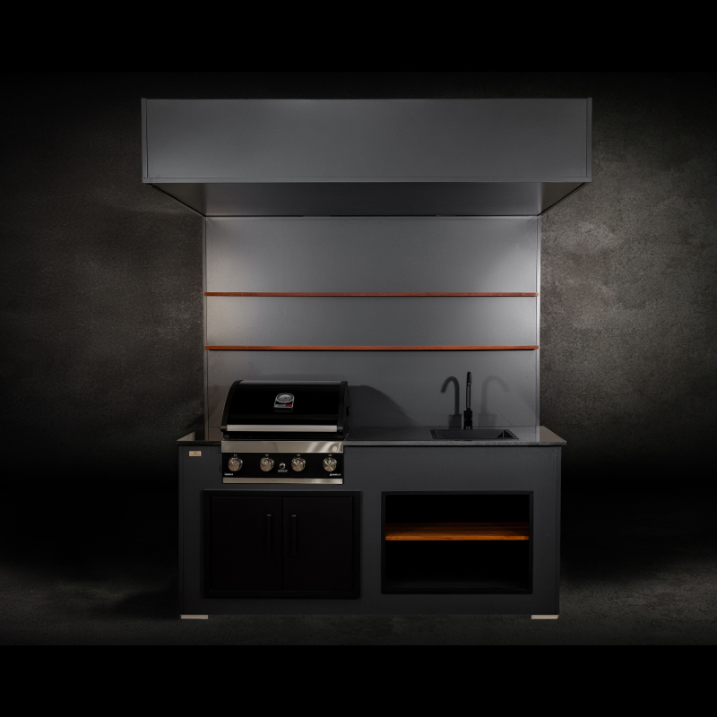 Grillandia Open Grill Cabana Anthracite with Grandhall Premium G4 4-Burner Gas BBQ, Sink, Granite Worktop, LED Lighting & Open Shelving