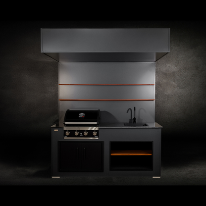 Grillandia Open Grill Cabana Anthracite with Grandhall Premium G4 4-Burner Gas BBQ, Sink, Granite Worktop, LED Lighting & Open Shelving