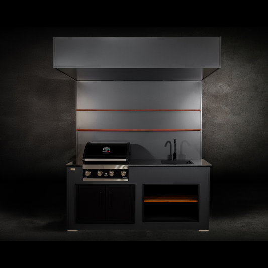 Grillandia Open Grill Cabana Anthracite with Grandhall Premium G4 4-Burner Gas BBQ, Sink, Granite Worktop, LED Lighting & Open Shelving