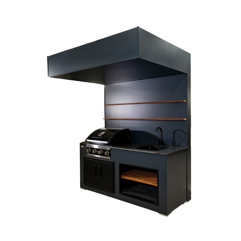 Grillandia Open Grill Cabana Anthracite with Grandhall Premium G4 4-Burner Gas BBQ, Sink, Granite Worktop, LED Lighting & Open Shelving