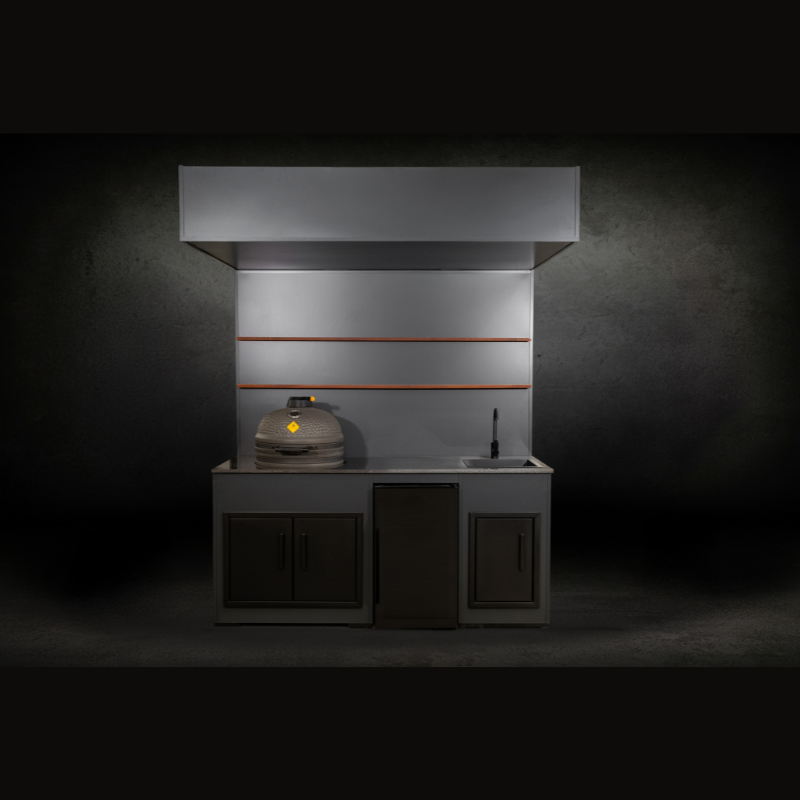Grillandia Open Kamado Cabana Anthracite with Boretti Ceramica L Charcoal Kamado, Klarstein Beersafe XXL Showcase Beverage Cooler, Sink, Granite Worktop & LED Lighting