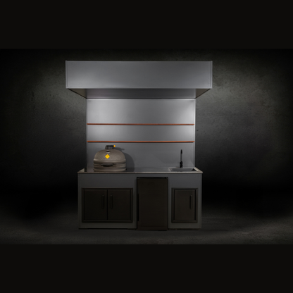 Grillandia Open Kamado Cabana Anthracite with Boretti Ceramica L Charcoal Kamado, Klarstein Beersafe XXL Showcase Beverage Cooler, Sink, Granite Worktop & LED Lighting