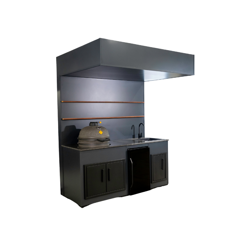 Grillandia Open Kamado Cabana Anthracite with Boretti Ceramica L Charcoal Kamado, Klarstein Beersafe XXL Showcase Beverage Cooler, Sink, Granite Worktop & LED Lighting