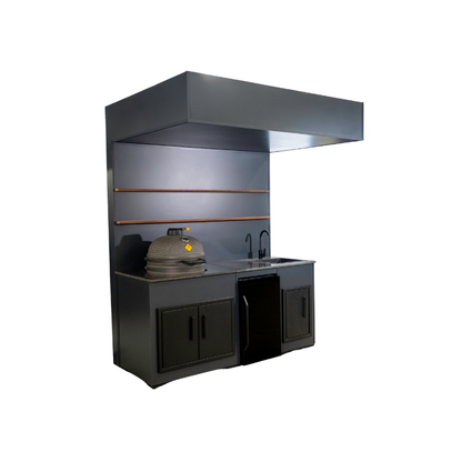 Grillandia Open Kamado Cabana Anthracite with Boretti Ceramica L Charcoal Kamado, Klarstein Beersafe XXL Showcase Beverage Cooler, Sink, Granite Worktop & LED Lighting