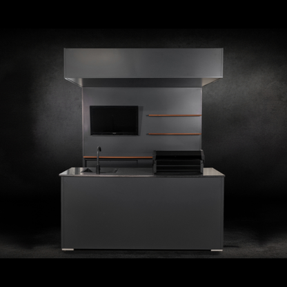 Grillandia Open Grill Cabana Pro Anthracite with Grandhall Premium G4 4-Burner Gas BBQ, Sink, 40-inch LED TV, Granite Worktop, Bar Counter, LED Lighting & Shelving