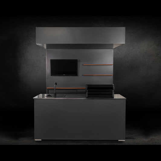 Grillandia Open Grill Cabana Pro Anthracite with Grandhall Premium G4 4-Burner Gas BBQ, Sink, 40-inch LED TV, Granite Worktop, Bar Counter, LED Lighting & Shelving