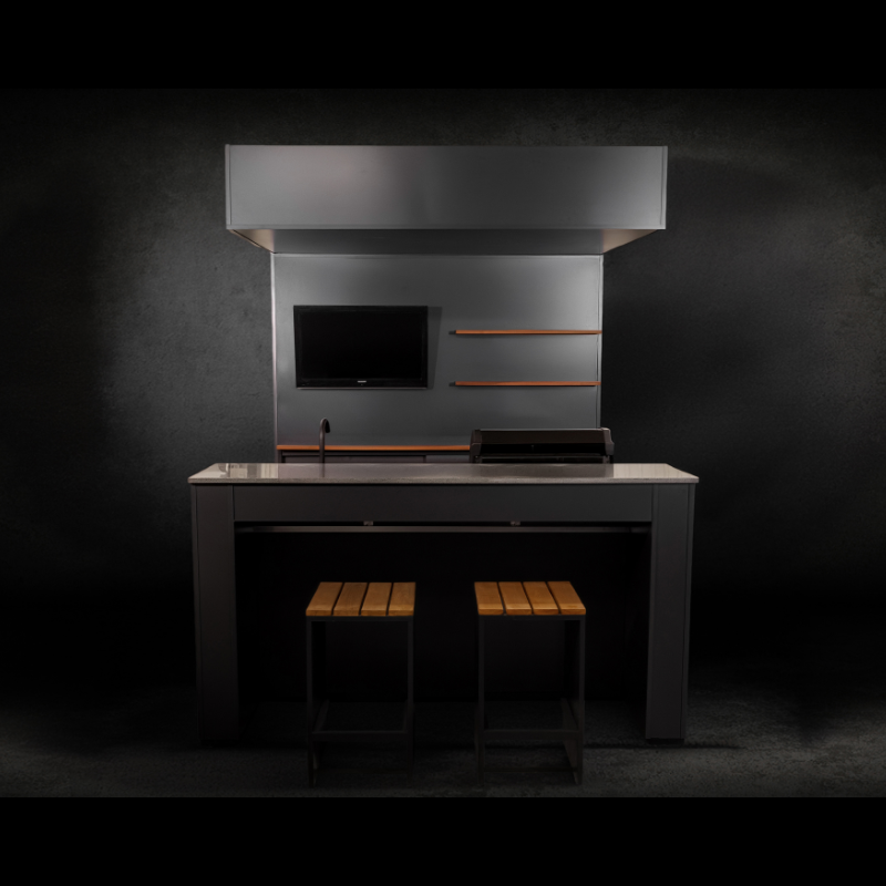 Grillandia Open Grill Cabana Pro Anthracite with Grandhall Premium G4 4-Burner Gas BBQ, Sink, 40-inch LED TV, Granite Worktop, Bar Counter, LED Lighting & Shelving
