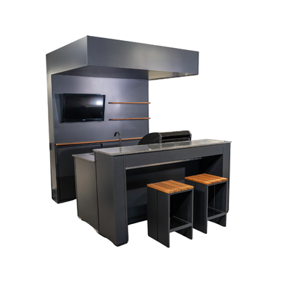 Grillandia Open Grill Cabana Pro Anthracite with Grandhall Premium G4 4-Burner Gas BBQ, Sink, 40-inch LED TV, Granite Worktop, Bar Counter, LED Lighting & Shelving