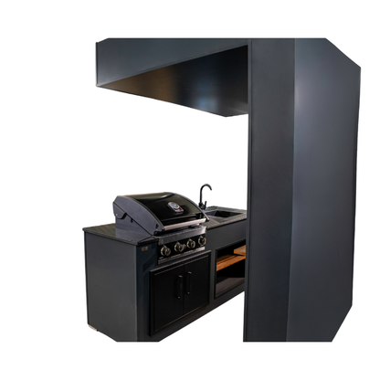 Grillandia Open Grill Cabana Pro Anthracite with Grandhall Premium G4 4-Burner Gas BBQ, Sink, 40-inch LED TV, Granite Worktop, Bar Counter, LED Lighting & Shelving
