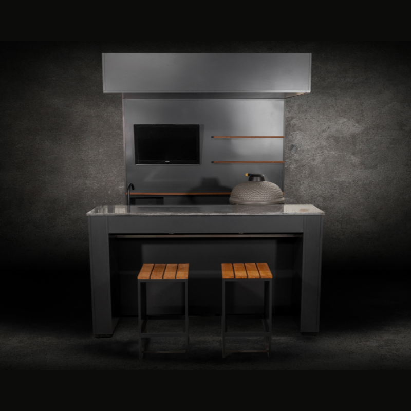 Grillandia Open Kamado Cabana Pro Anthracite with Boretti Ceramica L Charcoal Kamado, Sink, Granite Worktop, LED Lighting, Bar Counter & Shelving