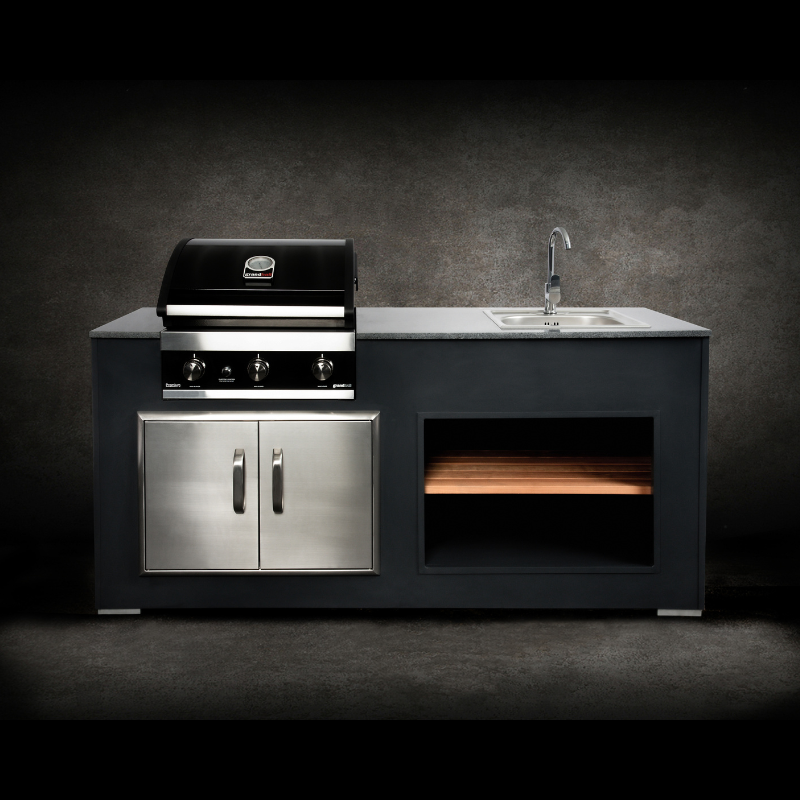 Grillandia Grill Unit Anthracite with Grandhall Premium G4 Gas BBQ, Sink, Granite Worktop & Iroko Wood Side Panels