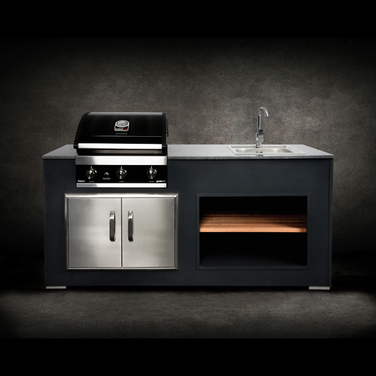 Grillandia Grill Unit Anthracite with Grandhall Premium G4 Gas BBQ, Sink, Granite Worktop & Iroko Wood Side Panels