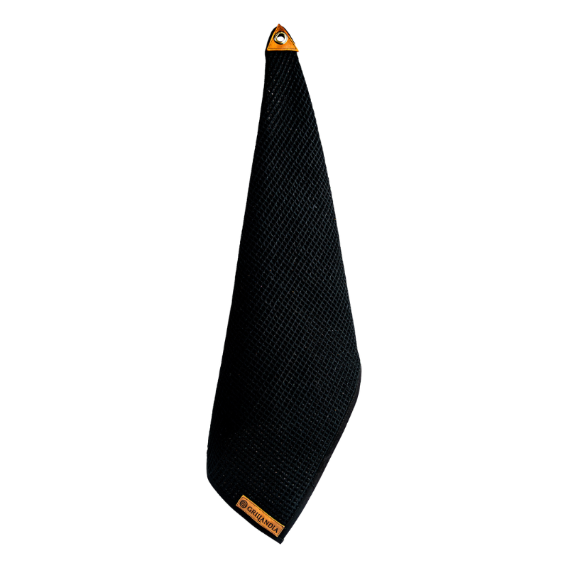 BBQ Towel Black Cotton Waffle 100% Kitchen Towel with Logo Embossed Grillandia Design, Highly Absorbent & Apron Attachment Hook