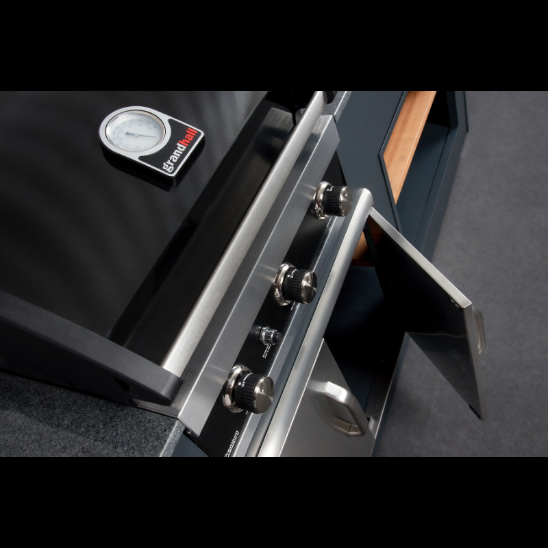 Grillandia Grill Unit Anthracite with Grandhall Premium G4 Gas BBQ, Sink, Granite Worktop & Iroko Wood Side Panels
