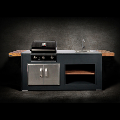 Grillandia Grill Unit Anthracite with Grandhall Premium G4 Gas BBQ, Sink, Granite Worktop & Iroko Wood Side Panels