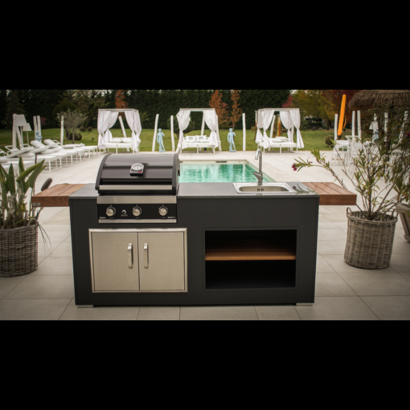 Grillandia Grill Unit Anthracite with Grandhall Premium G4 Gas BBQ, Sink, Granite Worktop & Iroko Wood Side Panels