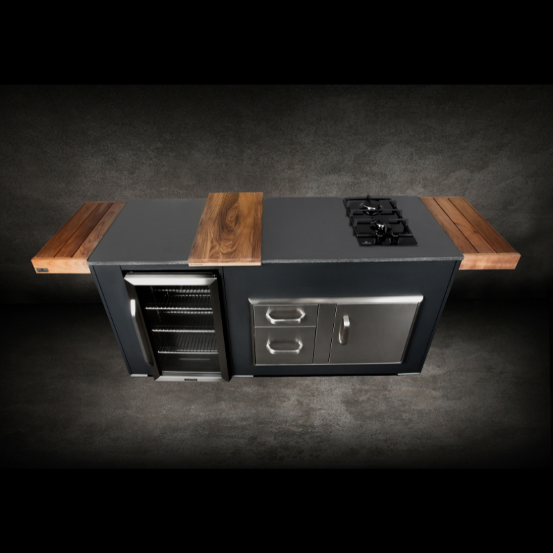 Grillandia Cooler & Gas Unit Anthracite with Klarstein Beersafe XXL Showcase Drink Cooler, Klarstein Domino Gas Hob, Granite Worktop & Cabinet Storage