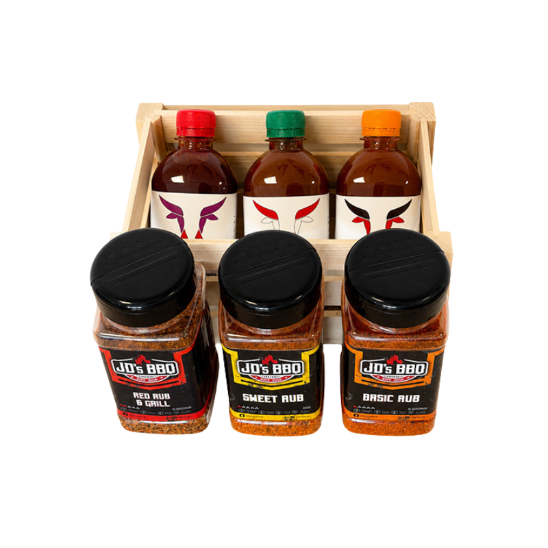 Grillandia BBQ Sauce and Spice Box Thermowood with JD’s BBQ & Buffalo Red Sauces and Spices