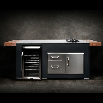 Grillandia Cooler & Gas Unit Anthracite with Klarstein Beersafe XXL Showcase Drink Cooler, Klarstein Domino Gas Hob, Granite Worktop & Cabinet Storage