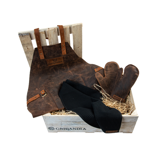 Grillandia BBQ Chef Outfit Set with Leather BBQ Apron, Heat Resistant Glove, Cotton Waffle Towel & Wooden Gift Box