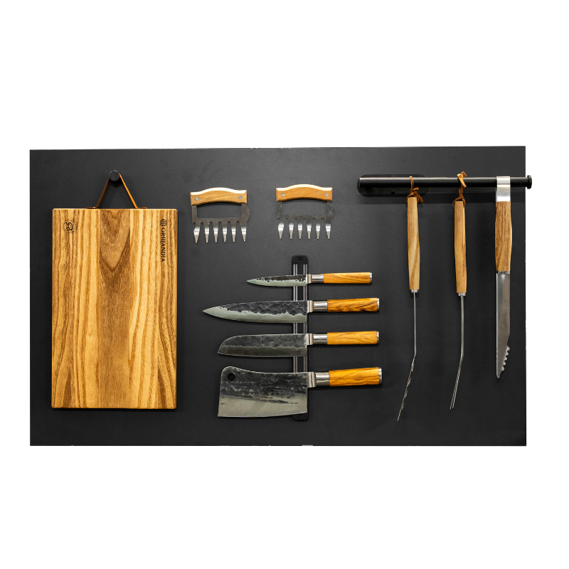 Grillandia BBQ-Tools Back Wall Panel Anthracite with Integrated Knives Set, Grilling Tools & Cutting Board