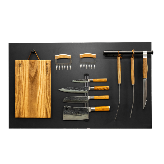 Grillandia BBQ-Tools Back Wall Panel Anthracite with Integrated Knives Set, Grilling Tools & Cutting Board