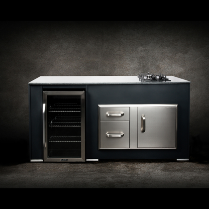 Grillandia Cooler & Gas Unit Anthracite with Klarstein Beersafe XXL Showcase Drink Cooler, Klarstein Domino Gas Hob, Granite Worktop & Cabinet Storage