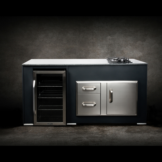Grillandia Cooler & Gas Unit Anthracite with Klarstein Beersafe XXL Showcase Drink Cooler, Klarstein Domino Gas Hob, Granite Worktop & Cabinet Storage