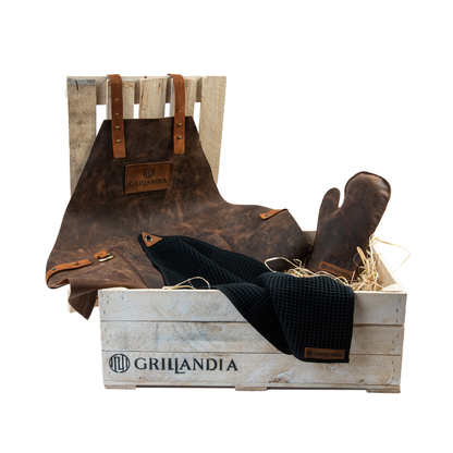 Grillandia BBQ Chef Outfit Set with Leather BBQ Apron, Heat Resistant Glove, Cotton Waffle Towel & Wooden Gift Box