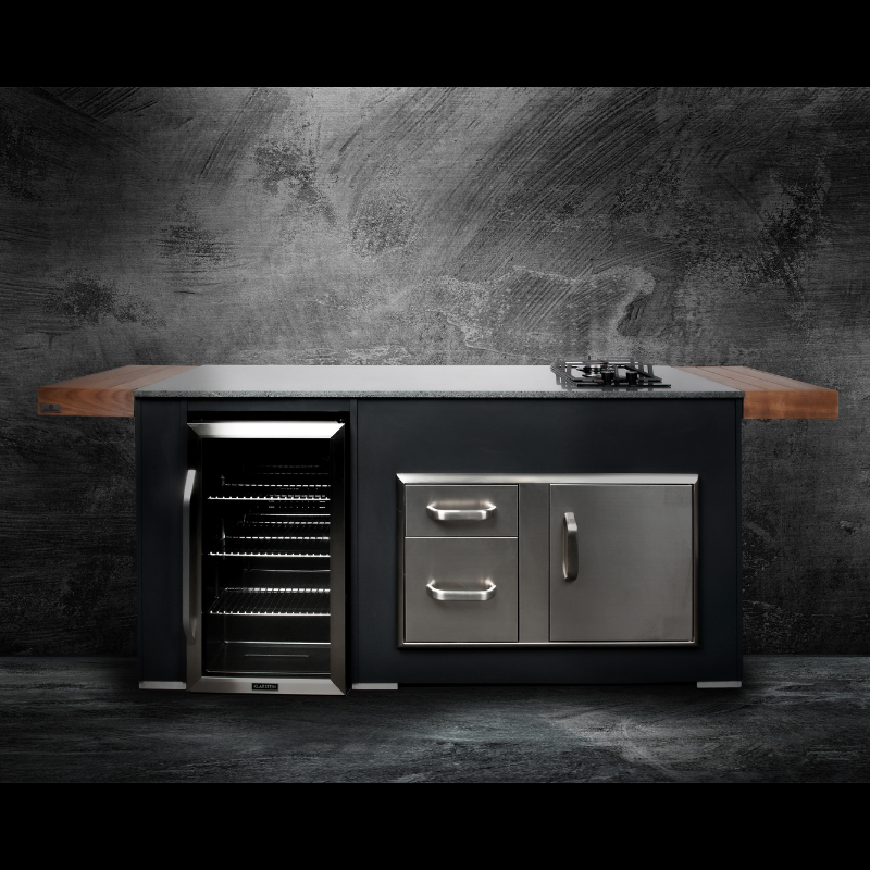 Grillandia Cooler & Gas Unit Anthracite with Klarstein Beersafe XXL Showcase Drink Cooler, Klarstein Domino Gas Hob, Granite Worktop & Cabinet Storage