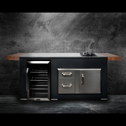 Grillandia Cooler & Gas Unit Anthracite with Klarstein Beersafe XXL Showcase Drink Cooler, Klarstein Domino Gas Hob, Granite Worktop & Cabinet Storage