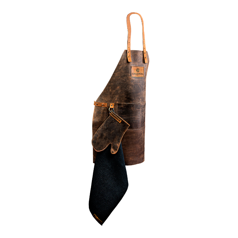 BBQ Ultimate Gift Kit with Leather BBQ Apron, Gloves, Cotton Towels, Cutting Board/Serving Tray & BBQ Sauce and Spice Box in Wooden Gift Crate