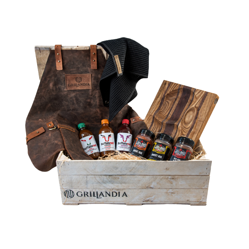 BBQ Ultimate Gift Kit with Leather BBQ Apron, Gloves, Cotton Towels, Cutting Board/Serving Tray & BBQ Sauce and Spice Box in Wooden Gift Crate