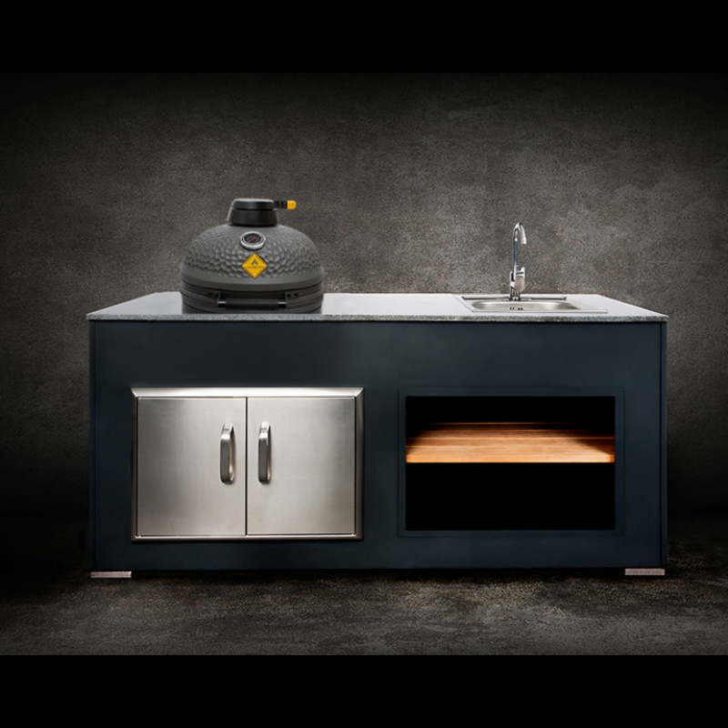 Grillandia Kamado & Sink Unit Anthracite with Boretti Ceramica L Solo Kamado, Sink & Faucet, Granite Worktop & Iroko Wood Shelf