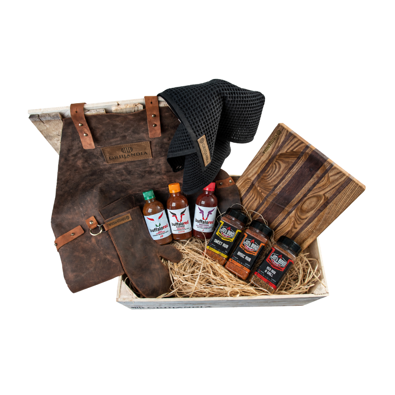 BBQ Ultimate Gift Kit with Leather BBQ Apron, Gloves, Cotton Towels, Cutting Board/Serving Tray & BBQ Sauce and Spice Box in Wooden Gift Crate