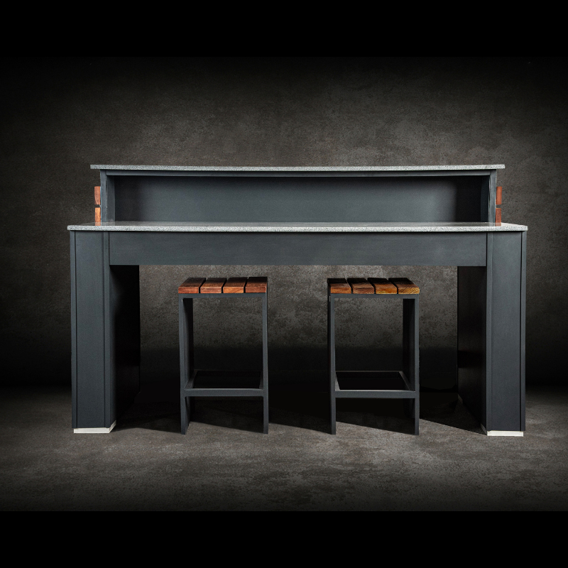 Grillandia Bar Unit Anthracite with Granite Worktop, Weatherproof Iroko Wood Fittings & 2 Bar Stools with Iroko Seats