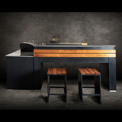 Grillandia Bar Unit Anthracite with Granite Worktop, Weatherproof Iroko Wood Fittings & 2 Bar Stools with Iroko Seats