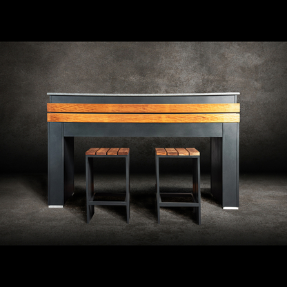 Grillandia Bar Unit Anthracite with Granite Worktop, Weatherproof Iroko Wood Fittings & 2 Bar Stools with Iroko Seats