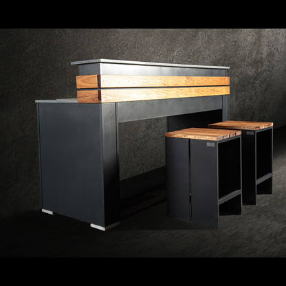 Grillandia Bar Unit Anthracite with Granite Worktop, Weatherproof Iroko Wood Fittings & 2 Bar Stools with Iroko Seats