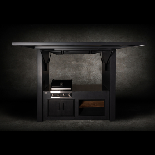 Grillandia Dual Grill Cabana Anthracite with Grandhall Premium G4 4-Burner Gas BBQ, Granite Worktop, LED Lighting, Bar Stools & Storage