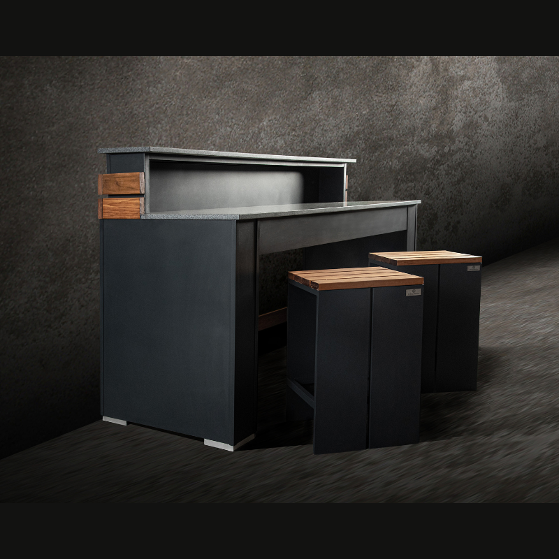 Grillandia Bar Unit Anthracite with Granite Worktop, Weatherproof Iroko Wood Fittings & 2 Bar Stools with Iroko Seats