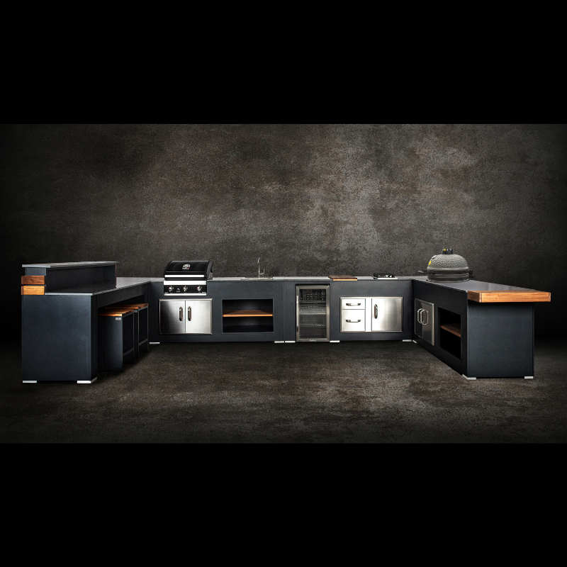Grillandia Well Done Outdoor Kitchen Anthracite with Grandhall G4 Gas BBQ, Boretti Kamado, Drink Cooler, Gas Hob, Sink, Granite Worktop, Bar Seating & Storage