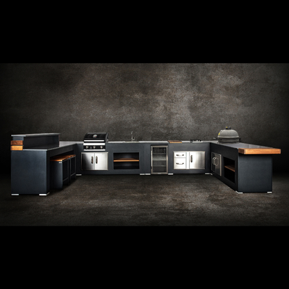 Grillandia Well Done Outdoor Kitchen Anthracite with Grandhall G4 Gas BBQ, Boretti Kamado, Drink Cooler, Gas Hob, Sink, Granite Worktop, Bar Seating & Storage