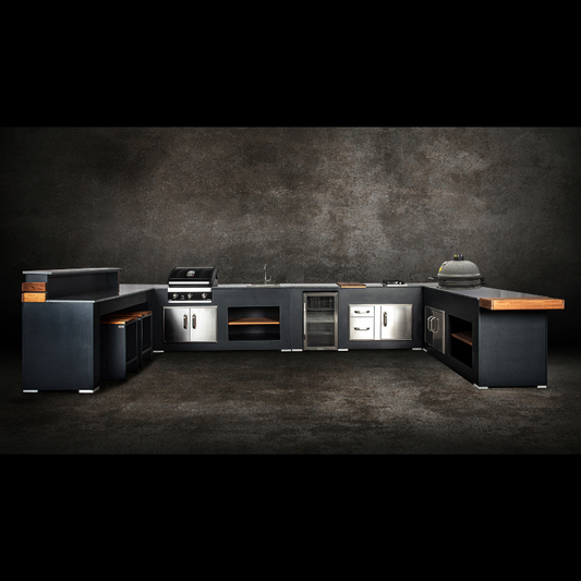 Grillandia Well Done Outdoor Kitchen Anthracite with Grandhall G4 Gas BBQ, Boretti Kamado, Drink Cooler, Gas Hob, Sink, Granite Worktop, Bar Seating & Storage