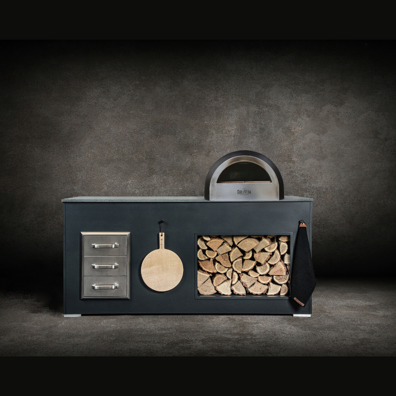 Grillandia Pizza Unit Anthracite with DeliVita Natural Gas Pizza Oven, Wood Storage, Pizza Peel, BBQ Towel & Granite Worktop