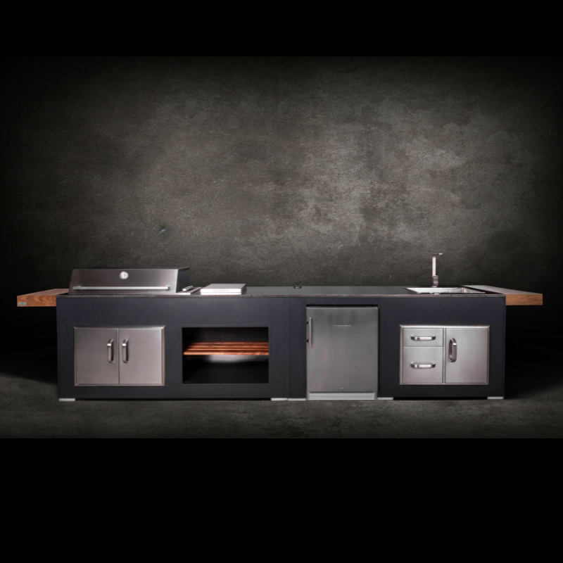Grillandia Medium Rare Pro Line Outdoor Kitchen Anthracite with Beefeater & Grandhall Gas BBQs, Side Burner, Sink, Liebherr Fridge, Gas Hob & Granite Worktop